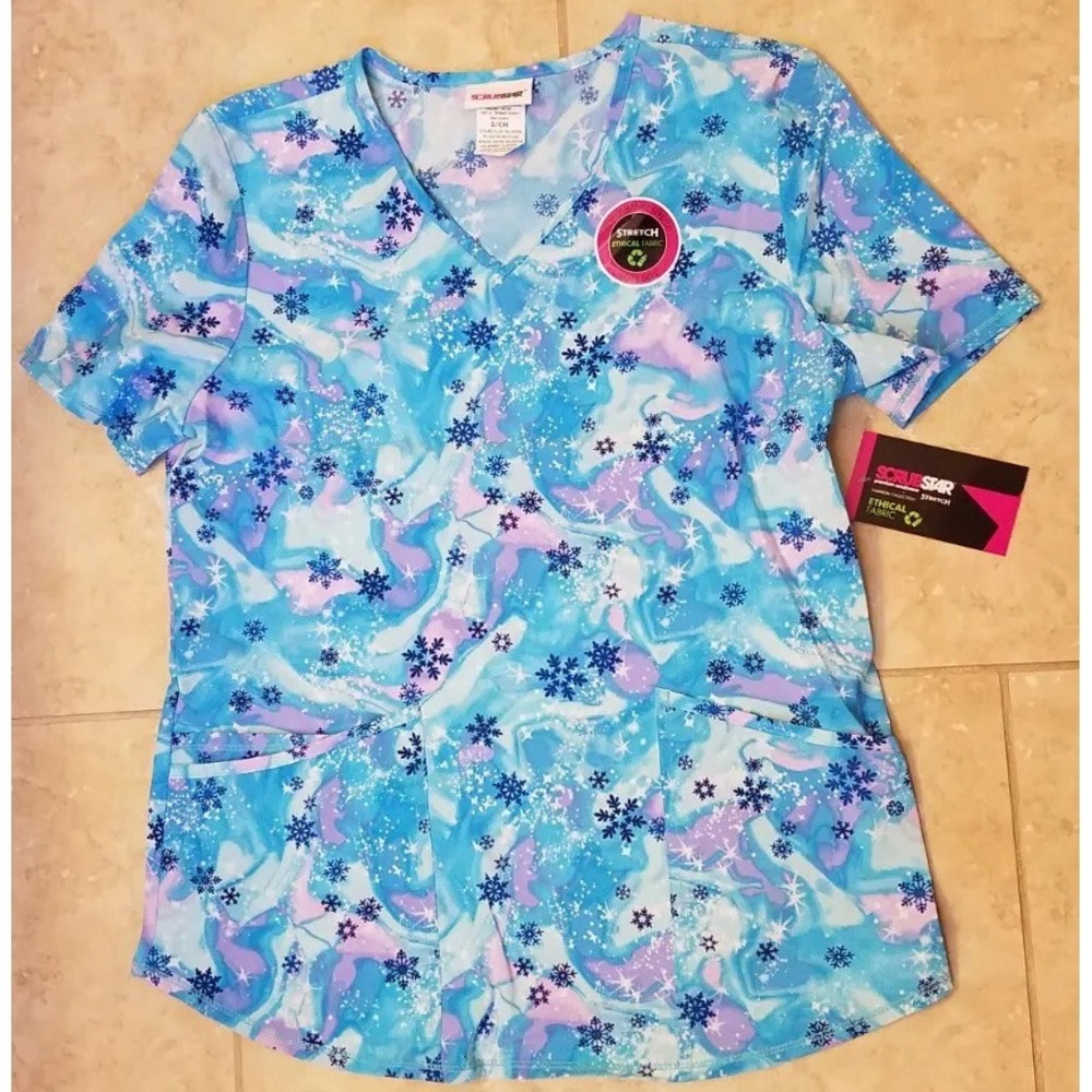 Scrubstar Women V-neck Scrub Top Tye Dye Snowflakes Stretch Sz Small NEW‎